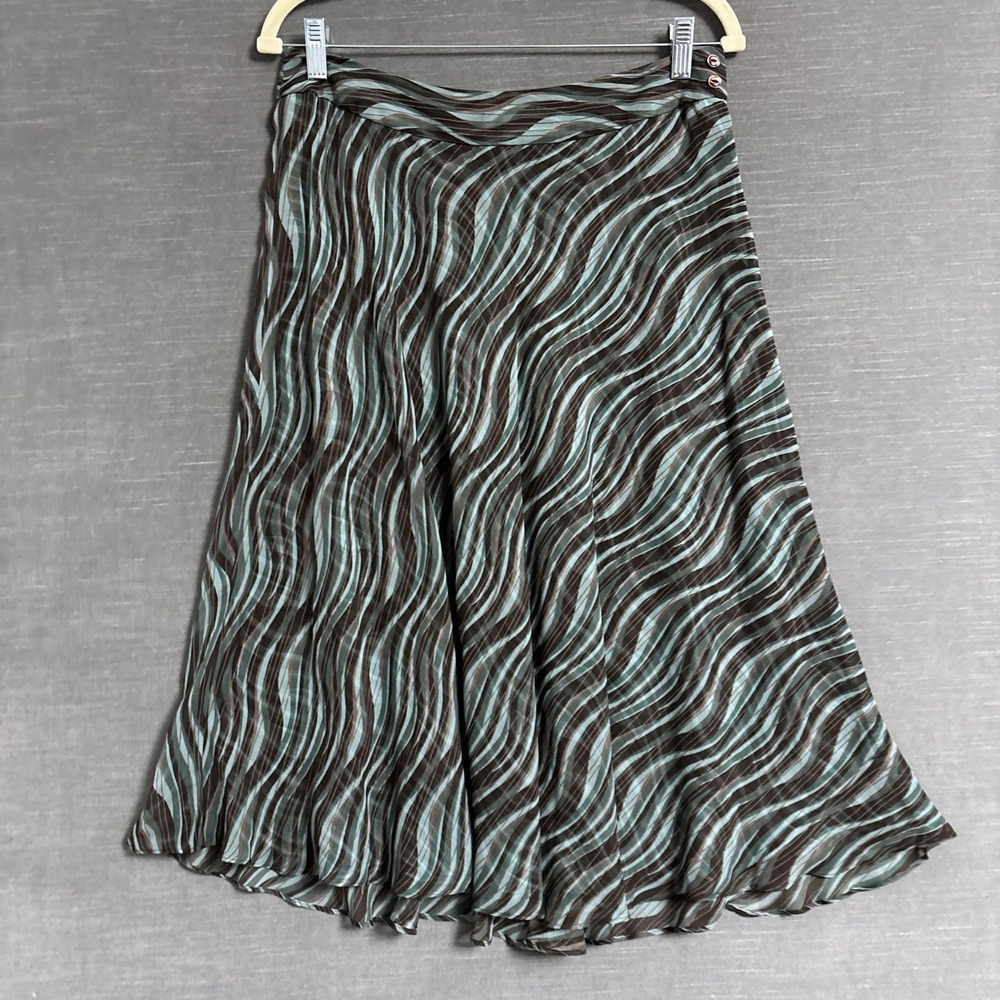 Vintage Y2K Jones NY Skirt 10 Brown Teal Silk Abstract A-Line Midi Chiffon Flowy